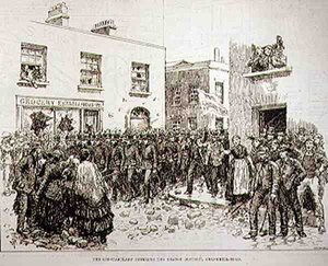 Zamieszki w Belfaście: Policja wkracza do pomarańczowej dzielnicy, Shankill Road, z The Illustrated London News, 19 czerwca 1886 autorstwa English School